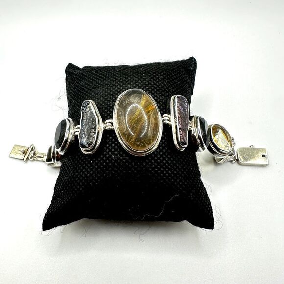 Rutilated Quartz, sm. quartz, biwa pearls set in solid Sterling silver bracelet! - Picture 1 of 11